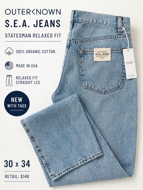 Outerknown S.E.A. Jeans Statesman Relaxed Fit 30x34 USA Made Organic Denim NWT